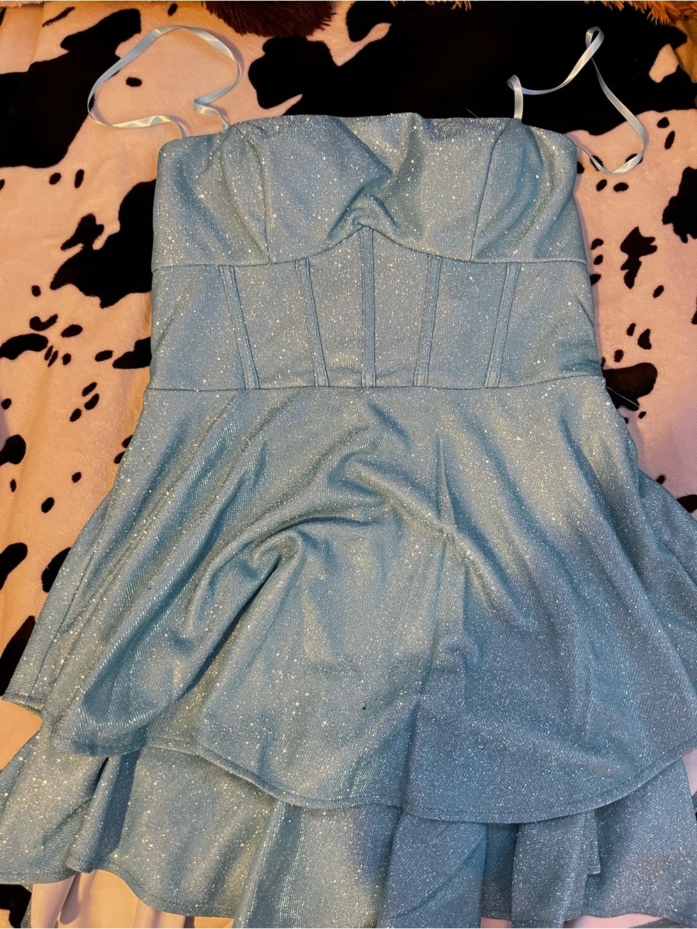 B Darlin Sparkling Light Blue Strapless Ruffled Cocktail Dress